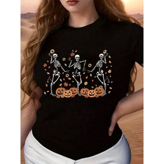 Women's Plus Size Halloween Short Sleeved T-Shirt Featuring Dancing Skeletons And Jack O Lanterns With Autumn Leaves Casual Funny Holiday Party T