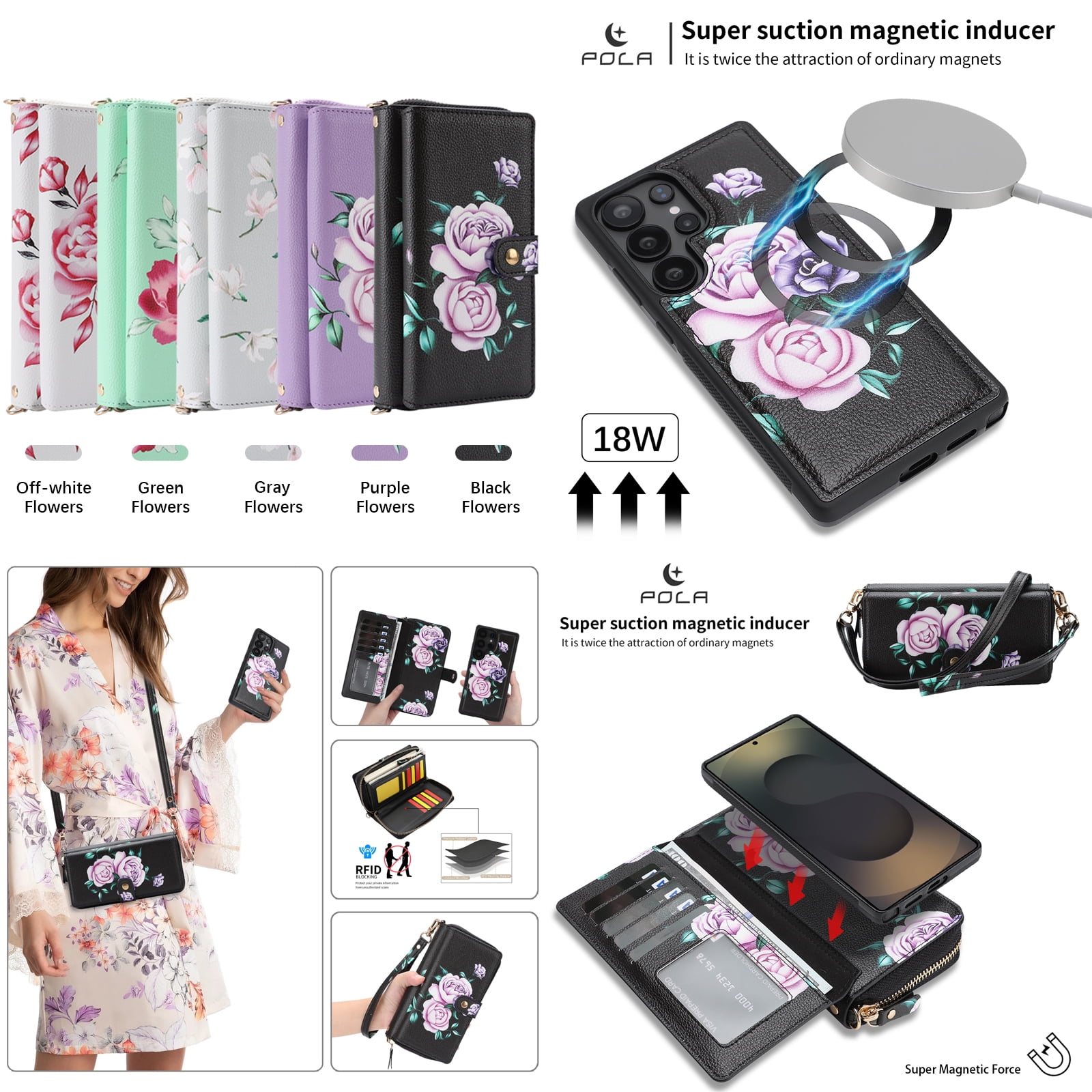TECH CIRCLE 2-in-1 Wallet Case for Galaxy S23 (6.1", 2023), Detachable Magnetic Back Cover, PU Leather Flip Flower Phone Case with 15 Card Slots, Zipper Pocket, Wrist/Shoulder Strap, Black