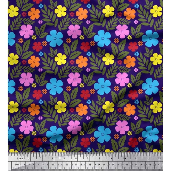 Soimoi Polyester Crepe Fabric Leaves & Floral Artistic Printed Fabric 1 Yard 42 Inch Wide