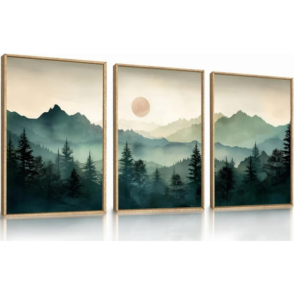 Large Boho Mountain Framed Wall Art Set,Watercolor Pine Tree Wall Painting,Abstract Foggy Green Forest Artwork,Modern Nature Sunrise Wall Decor for Living Room,Bedroom,Office-16 x24 x3