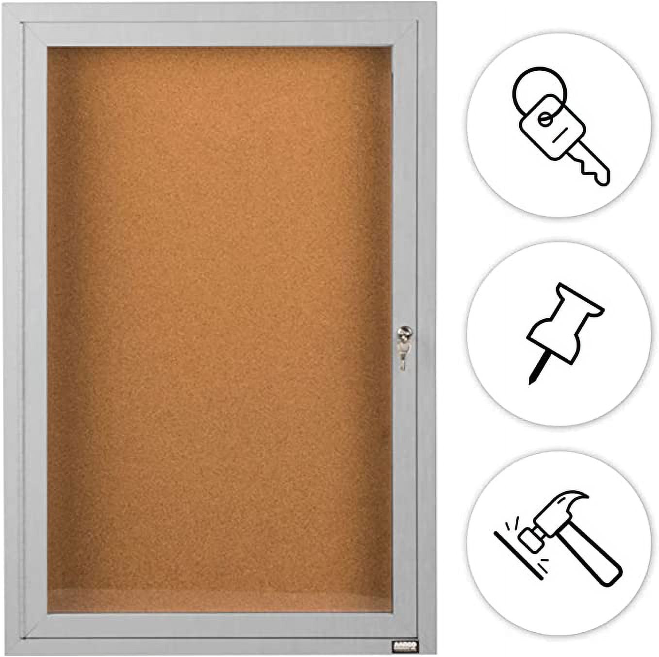 Aarco Products 36"x24" 1-Door Indoor Shatter Resistant Enclosed Bulletin Board with Natural Cork, Aluminum Frame with Lock