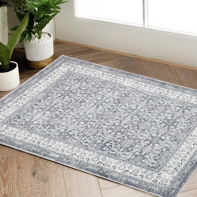 Rugking Area Rug 3X5 Persian Rug Vintage Indoor Thin Rug Soft Door Mat Grey Print Overdyed Boho Retro Cover Farmhouse Washable Kitchen Bedroom