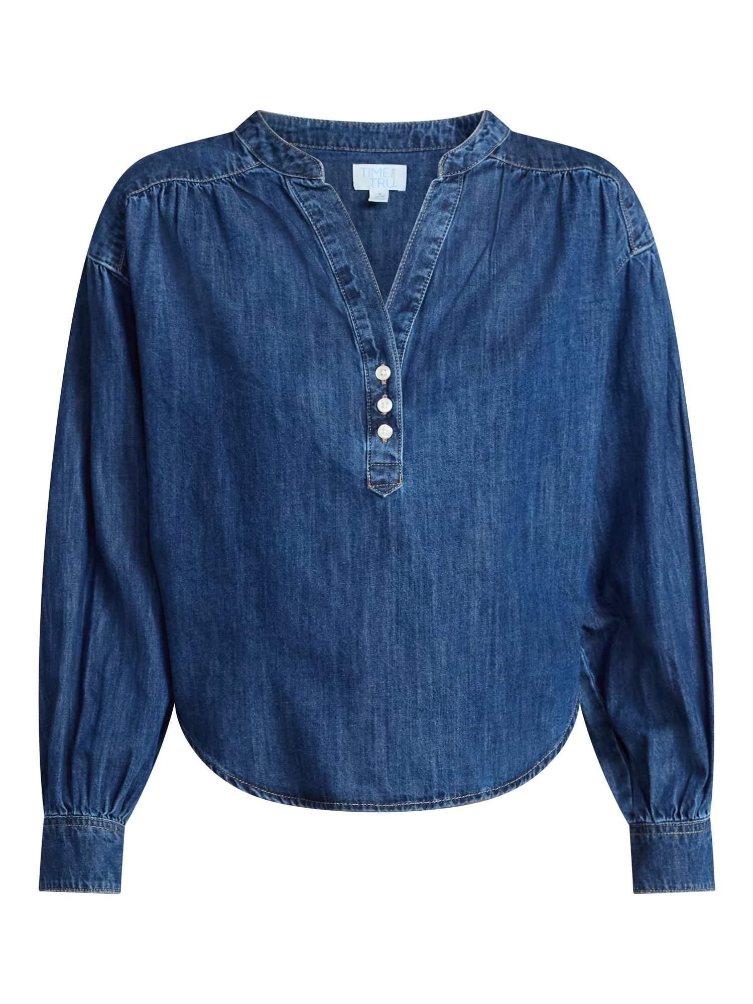 Time and Tru Women's Popover Denim Top with Long Sleeves, Sizes XS-XXXL