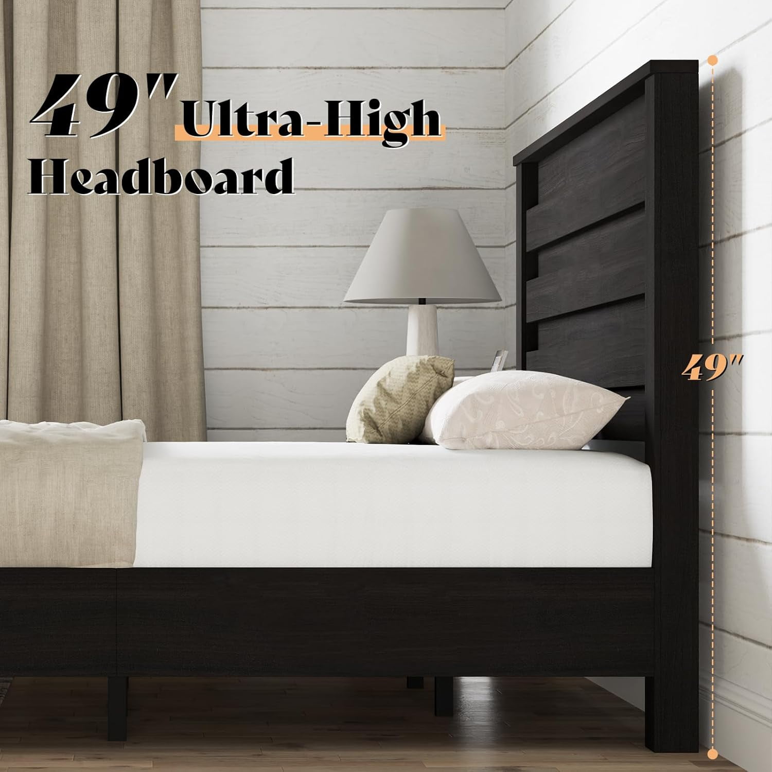 LUXOAK King Size Bed Frame with Natural Wood Platform, 49" Fluted Headboard, Black