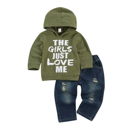 

Jkerther 2Pcs Kids Toddler Boy Casual Outfits Long Sleeve Hooded Sweatshirt + Ripped Jeans Pockets Clothes
