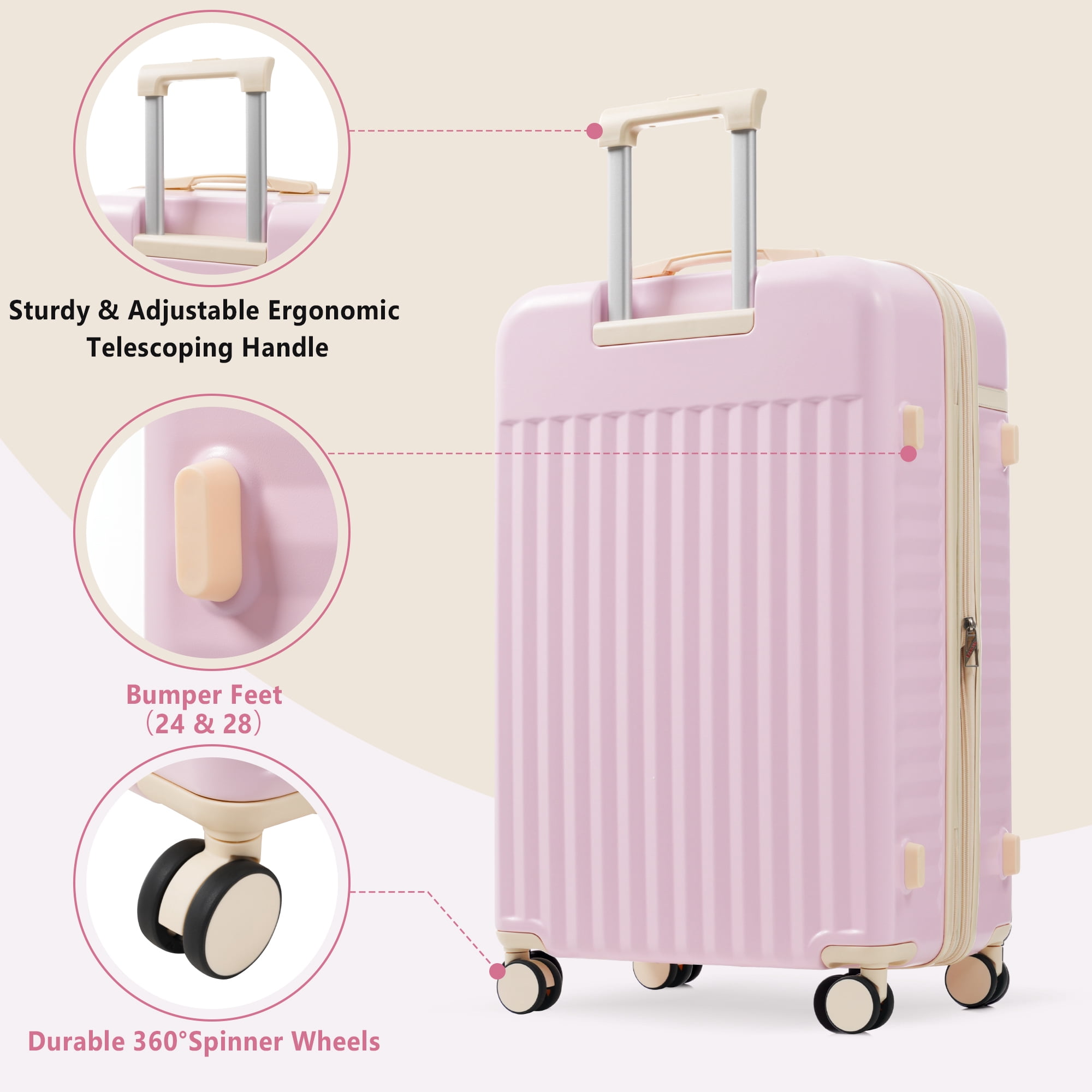 MAYEERTY 3-Piece Luggage Set: Front Opening 20" with USB Port+ Expandable 24" Hardside Suitcase + Tote Bag, Pink