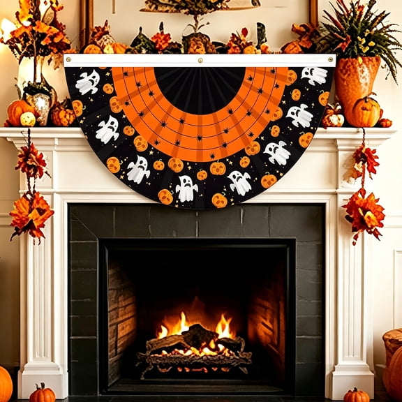 Clearance Halloween Bunting Fan Flag - Halloween Garden Flag, 35.4 x 17.7 Inch Halloween Bunting Flag Ghost and Pumpkin Design Half Fan Banner, Halloween Flag for Holiday Indoor Outdoor Yard Decor