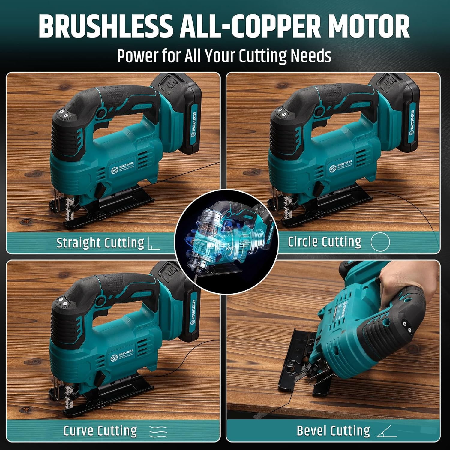 WOODSTARTER Cordless Jig Saw with Brushless Motor, 3 Adjustable Speed Settings, 45°-90° Cutting Angle, Compatible with T-Shaped Blades, Includes Dust Blowing Feature (Tool Only)