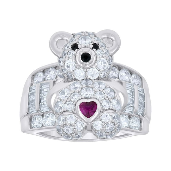 925 Sterling Silver Womens Pink/Black White Baguette/Heart Round Cubic-Zirconia Teddy Bear Heart Ring Size 8