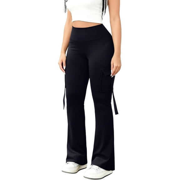 Flare Leggings for Women Cargo Wide Leg Yoga Pants with Pockets Bell Bottoms Stretchy Skinny Workout Gym Leggings, Black Small