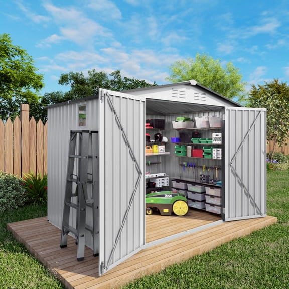 Vigo huseeo 8x5.7x6FT Metal Outdoor Storage Shed with Window & Lockable Door, Tool Shed for Backyard Patio Garden (White&Gray)