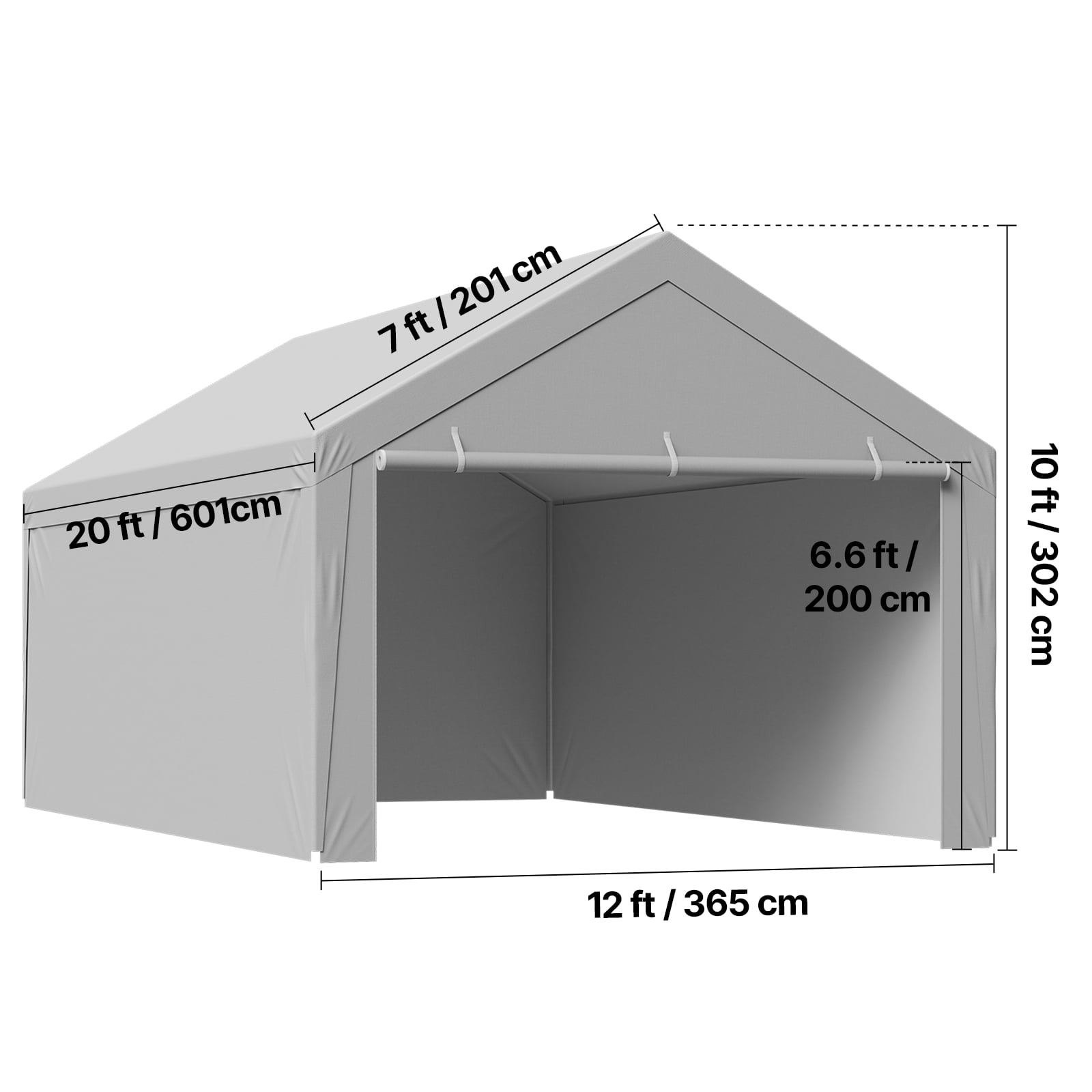 KFFKFF Carport Replacement Canopy, 12 x 20 ft Portable Garage Cover with Side Panels, UV-Resistant and Waterproof, Durable Car Shelter Tarp with Ball Bungees, Grey, Frame Not Included