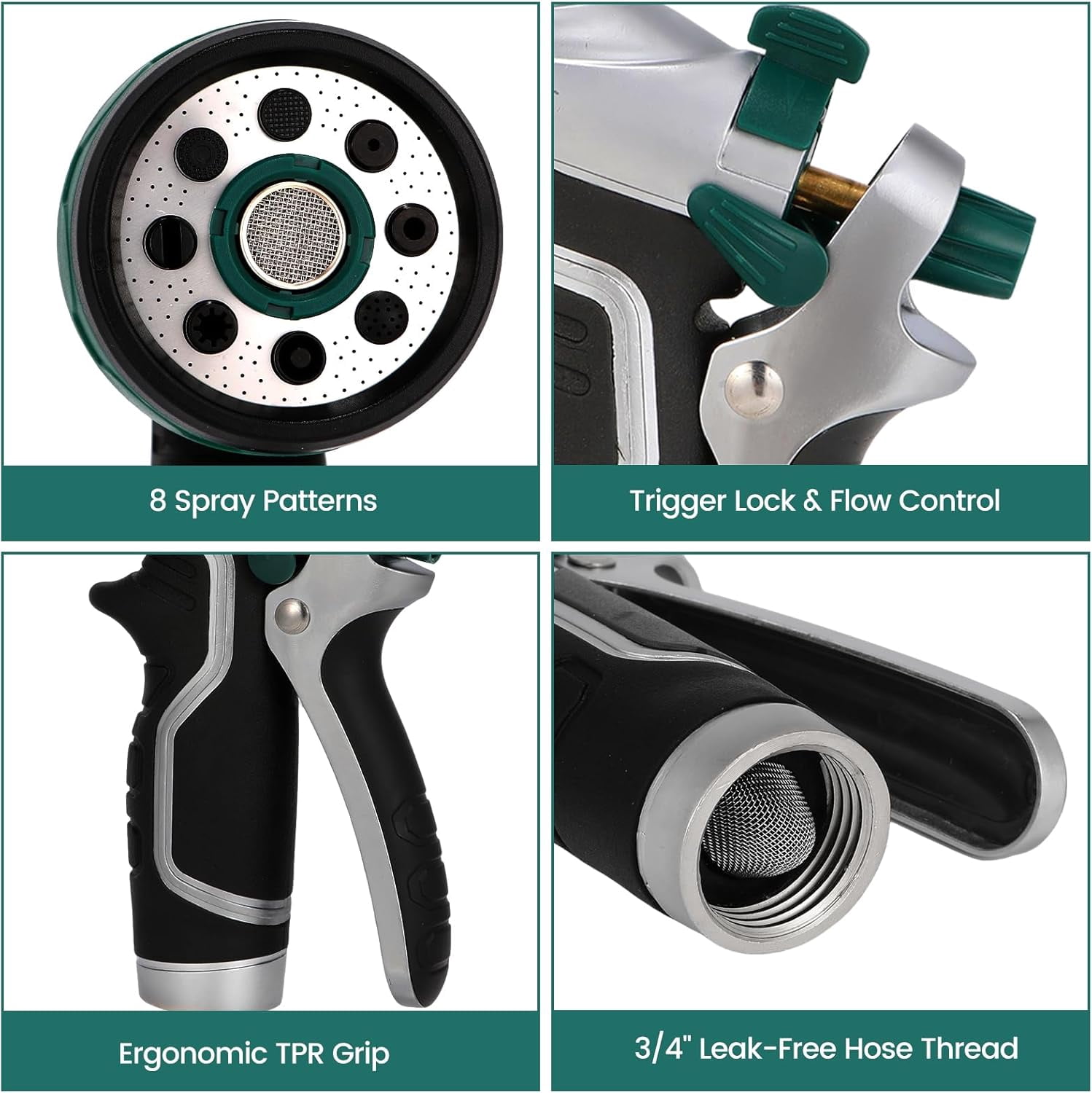 Garden Hose Nozzle, Heavy Duty Metal Water Sprayer Nozzle with 8 Spray Patterns, High Pressure Handheld Flow Control for Lawn & Plant Watering, Car Washing – Forest Green