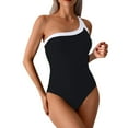 thumbnail image 7 of Womens Beach One Shoulder Swimsuits Color Block One-Piece Swiming Suits Padded Tummy-Control Swimwear Black, XL, 7 of 7