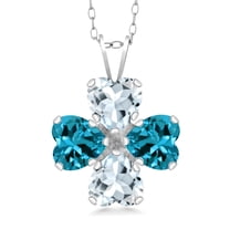 Gem Stone King 925 Sterling Silver Sky Blue Aquamarine and London Blue Topaz 4 Heart Shape Gemstone March Birthstone Pendant Necklace for Women (3.36 Cttw, 6MM Heart, with 18 inch Silver Chain)