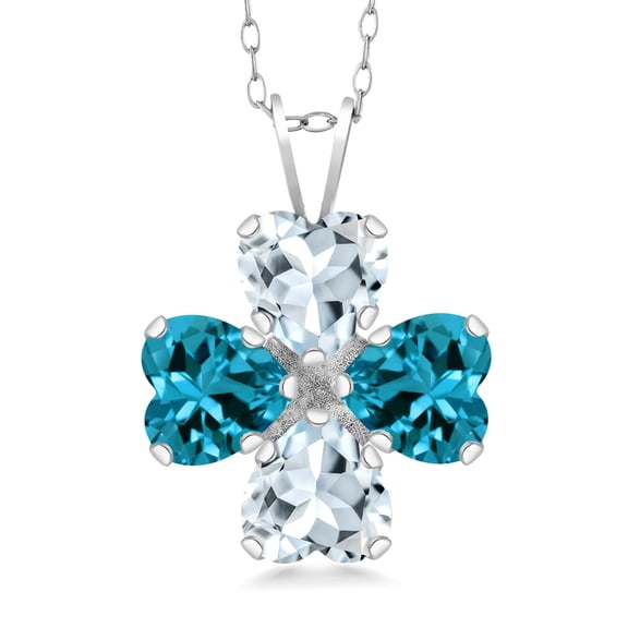 Gem Stone King 925 Sterling Silver Sky Blue Aquamarine and London Blue Topaz 4 Heart Shape Gemstone March Birthstone Pendant Necklace for Women (3.36 Cttw, 6MM Heart, with 18 inch Silver Chain)