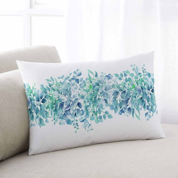 Teal Blue Eucalyptus Leaves Throw Pillow Cover Case, Couch Sofa Bed Pillowcase, Soft Decorative Lumbar Pillow Protector, Spring Summer Floral Botanical 12x20Inch Reversible Pillow Shams with Zipper