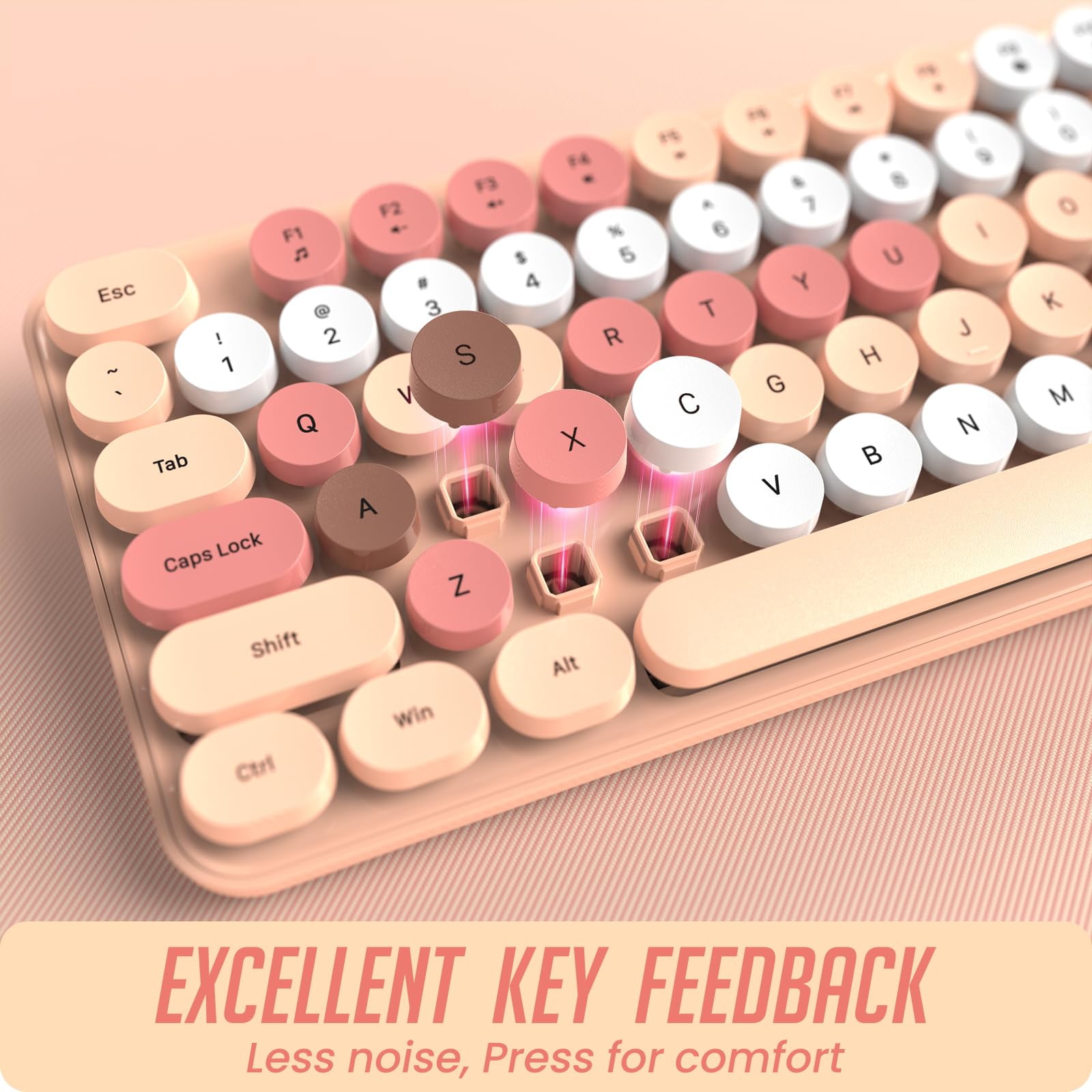 Wireless Keyboard and Mouse - Silent Keyboard Mouse Combo, Full Size Color Typewriter Keyboard with Round Keycaps, 2.4G Cute Mouse, Compatible with PC/Laptop/Computer