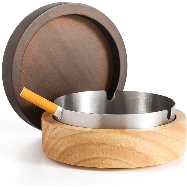 Lindos ceniceros para cigarrillos Bandeja de ceniza sin humo con revestimiento de acero inoxidable Cenicero de madera a prueba de viento con tapa para el hogar, oficina, mesa, patio exterior