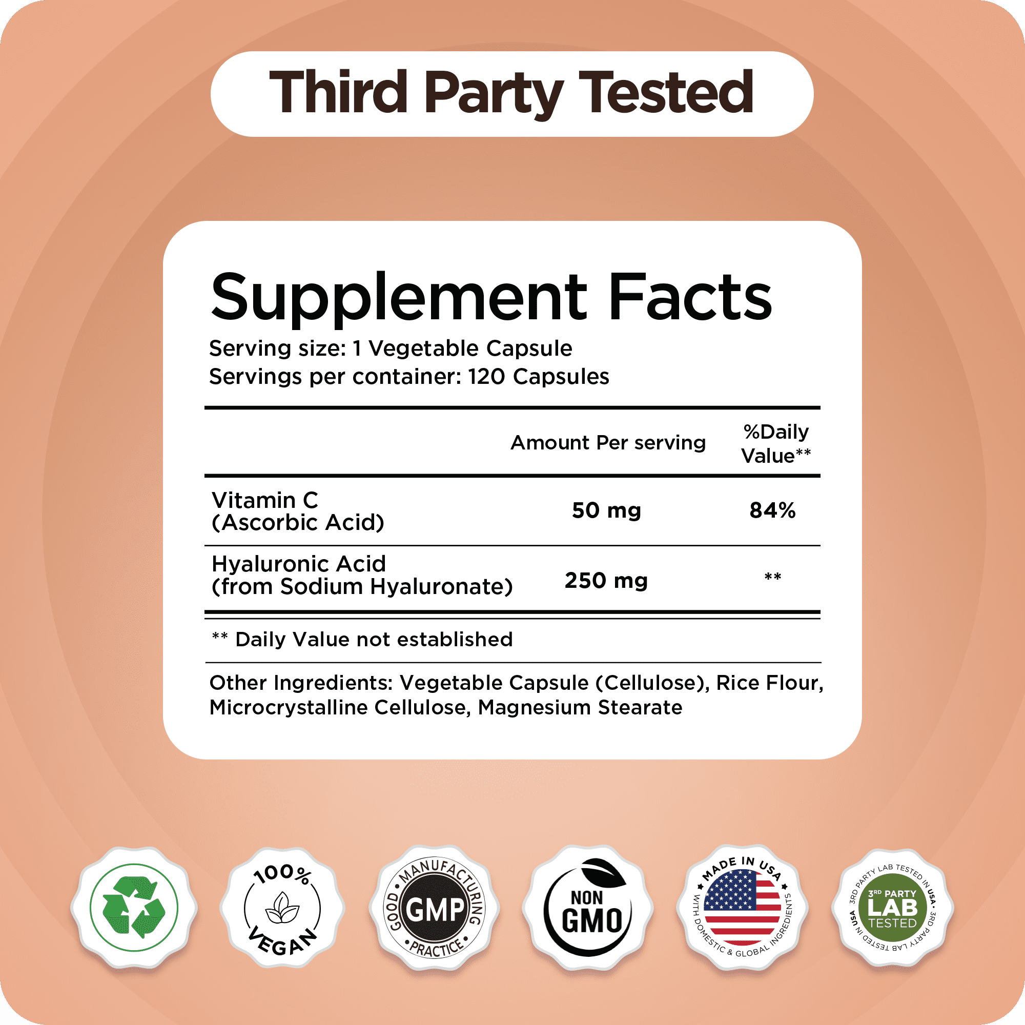 Pure Hyaluronic Acid Supplements 250mg with Vitamin C 50mg - 120 Vegan Capsules - Skin Hydration for Natural Glow - Pure Supplement w/Hair, Nails, Bone & Joint Health Formula