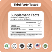 Pure Hyaluronic Acid Supplements 250mg with Vitamin C 50mg - 120 Vegan Capsules - Skin Hydration for Natural Glow - Pure Supplement w/Hair, Nails, Bone & Joint Health Formula
