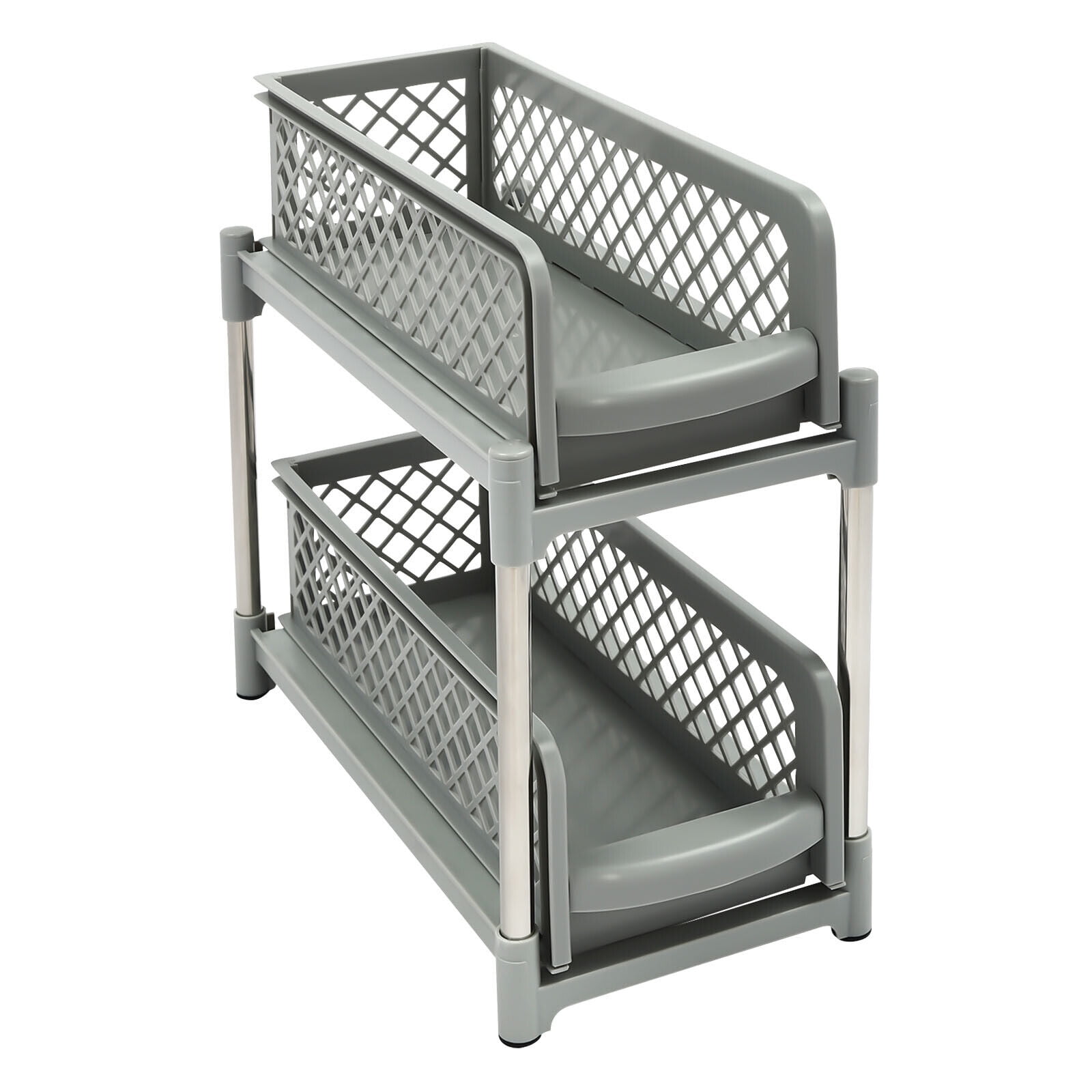 2-Tier Under Sink Organizer with Pull Out Sliding Storage Drawer for Home Bathroom Kitchen White/Grey 14.57in