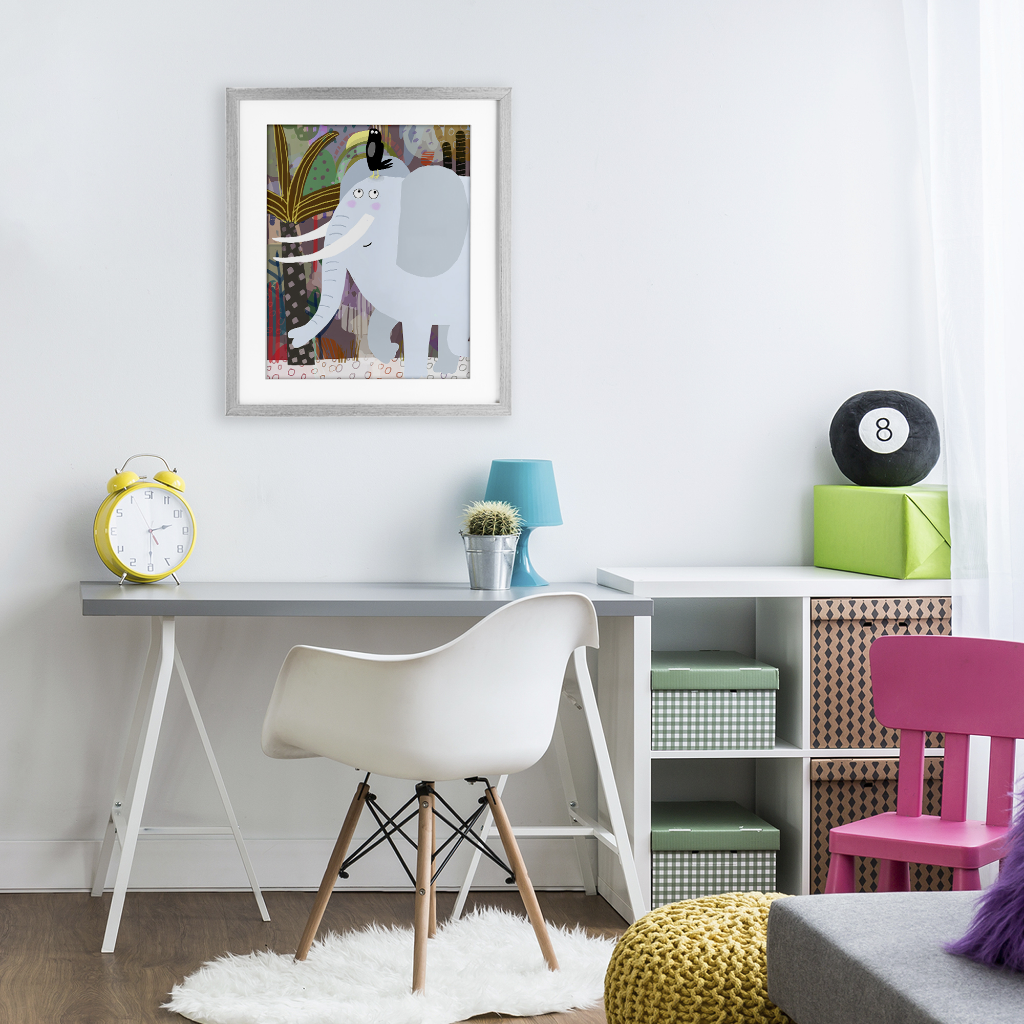Elephant & Toucan in Jungle Gray Framed Print Under Glass, design by Carla Daly