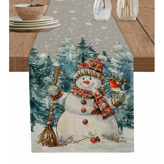 Ldtrchee Grey Snowman Christmas Table Runner 70 Inches, Winter Snowflake Tree Xmas Bed Runner Dresser Scarves Tabletop for Indoor Outdoor Parties/Ceremony/Banquet, 13" x 70"