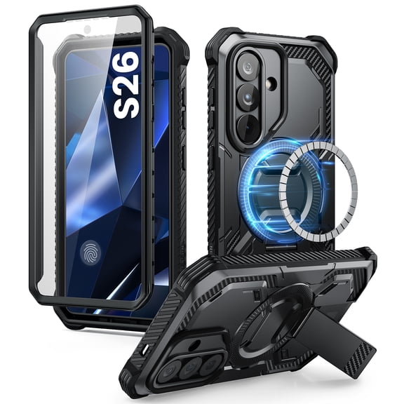 i-Blason Armorbox Series for 2026 Samsung Galaxy S26 (6.3") MagSafe Case with Adjustable Metal Kickstand, Built-in Screen Protector, Full-Body Heavy-Duty Shell Phone Cover for S26 6.3", Black