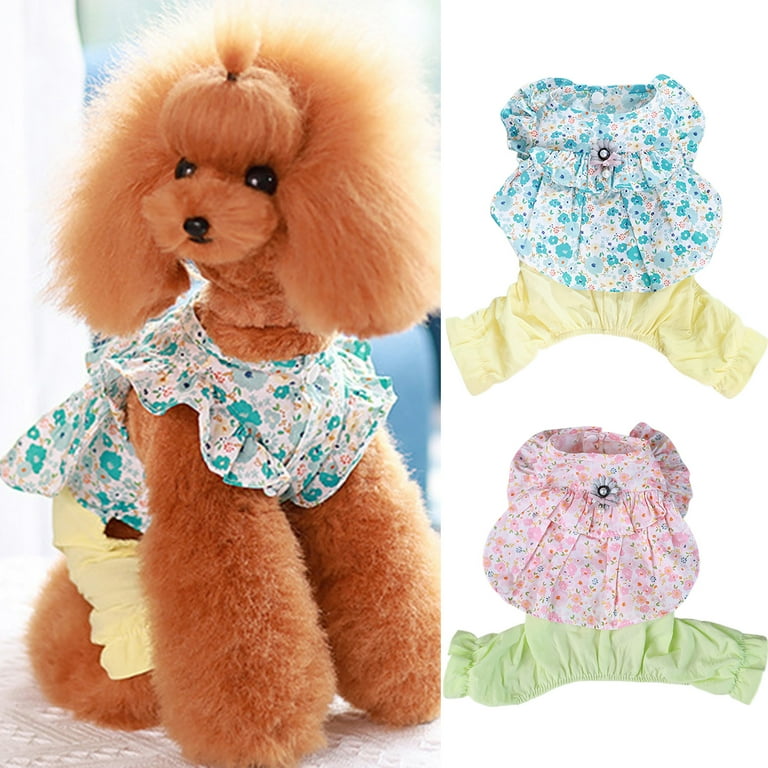 Vintage Style Floral Print Faux Pearl Summer Dog Dress Cute Tiny Dog Clothes Outfit Soft Two legged Pet Onesies Doggie Jumpsuits Cat Clothing for