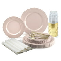 " OCCASIONS " 200pcs set (25 Guests) Extra Heavyweight Vintage Wedding Disposable / Reusable Plastic Plates (25 x 11'' 25 x 8.25'') Silverware Cups Napkins (Chateau in Pink Blush)