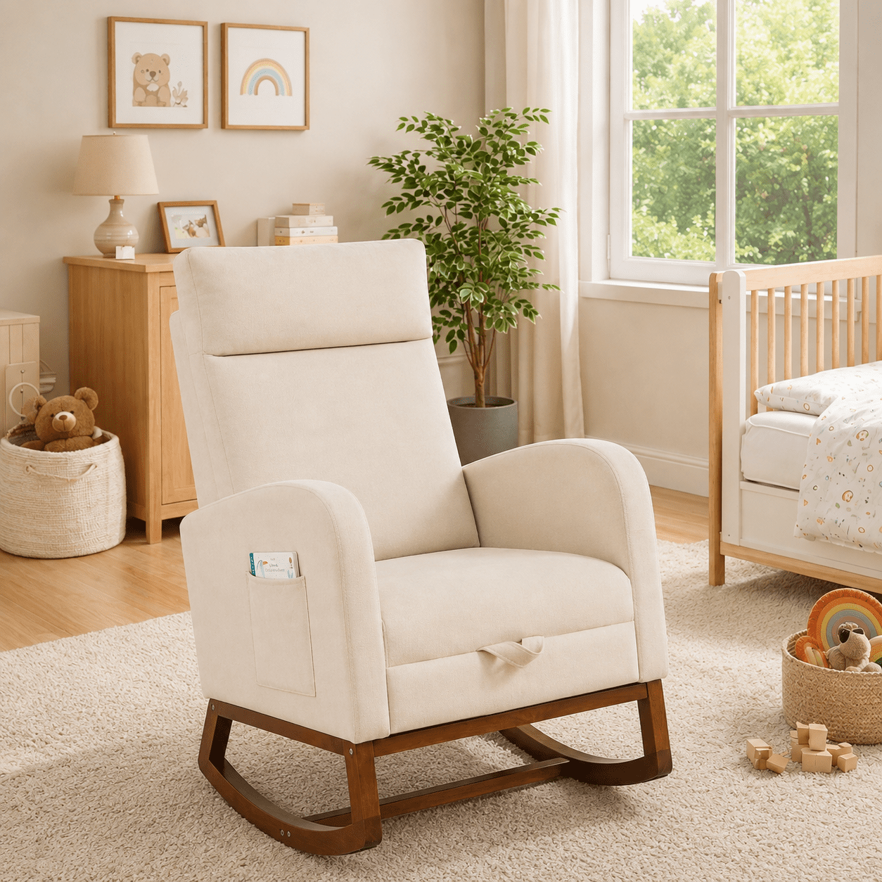 Someet Rocking Chair Nursery, Linen Material Upholstered Glider Rocker for Adults, Nursing Accent Rockers for Bedroom, Living Room, Beige