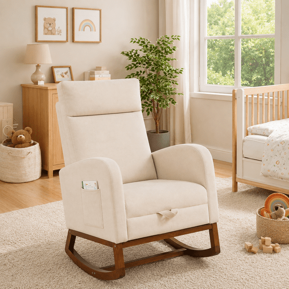 Someet Rocking Chair Nursery, Linen Material Upholstered Glider Rocker for Adults, Nursing Accent Rockers for Bedroom, Living Room, Beige