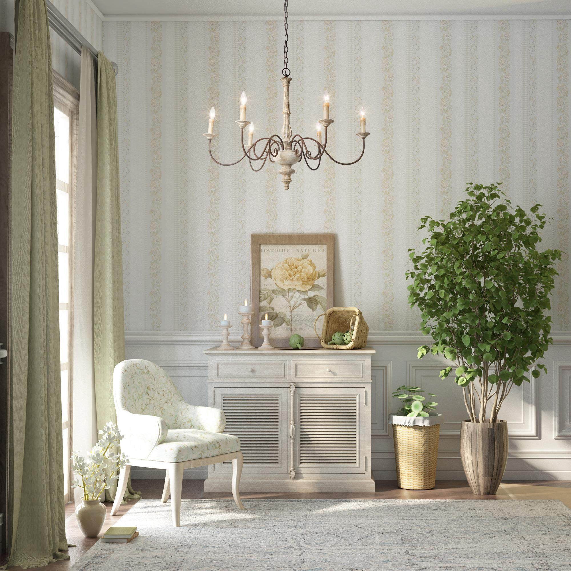 LNC 6-Light Bronze French Country Wood Chandelier Lighting Fixtures for Dining Room, Off-White