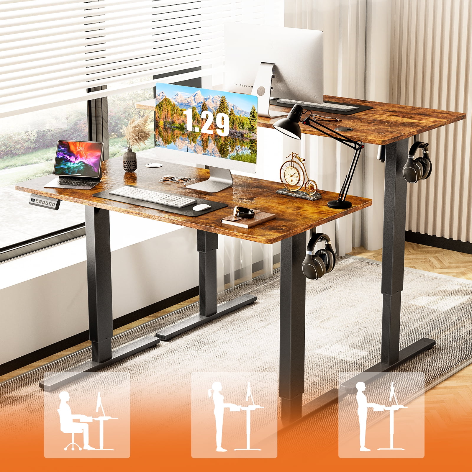 CONCETTA Electric Height Adjustable Desk, 48"x24" Ergonomic Sit Stand Workstation, One-Touch Lift Home Office Desk, Rust