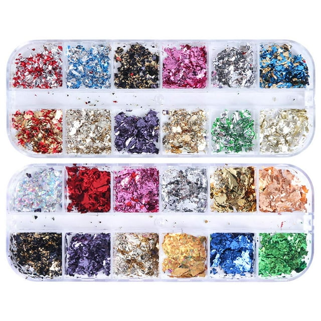 AUOCATTAIL 24 rejillas de papel de aluminio para decoración de uñas, pegatinas holográficas de aluminio para uñas, lentejuelas 3D, decoración con purpurina, accesorios de diseño DIY, suministros de ar