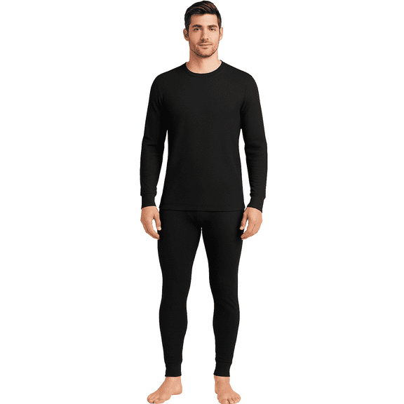 Men’s Thermal Top – Black Waffle Texture, Warm Long Sleeve Undershirt, S