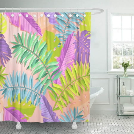 Five Light Fluorescent Bath - KSADK Colorful Fluorescent Tropical Leaves in Neon Color On Pink Caramel Green Botanical Shower Curtain Bath Curtain 66x72 inch