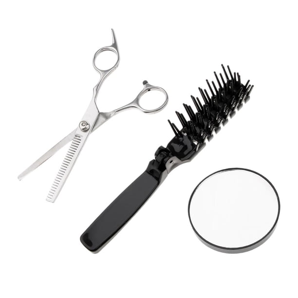 Juego de herramientas profesionales para cortar el cabello en casa, tijeras de corte de pelo con peine de belleza plegable para viajes y bricolaje con aumento de 3X y succión. Negro
