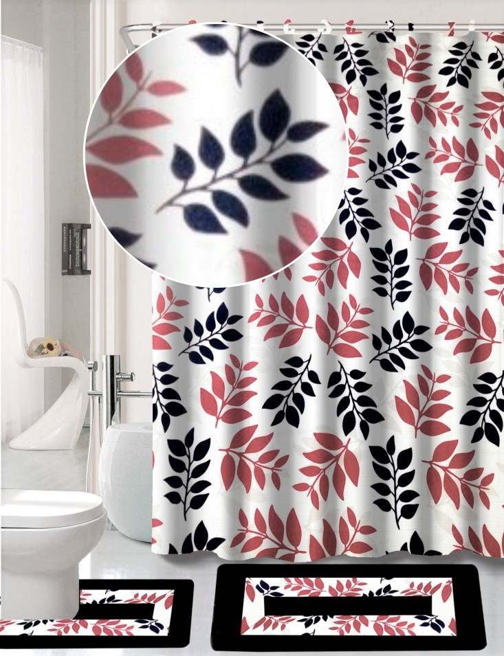 Luxury Bathroom accessories set package includes: 2 rugs mat non slip, 1 shower curtain with 12 hooks and 4 piece ceramic accesories print design kadir black
