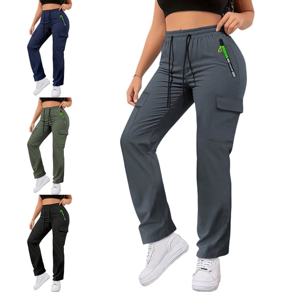 MLCDZ Cargo Pants Women Lightweight Breathable Drawstring Ankle Trousers for Casual Loose Outdoor Sports Pants Zipper Multiple Pocket