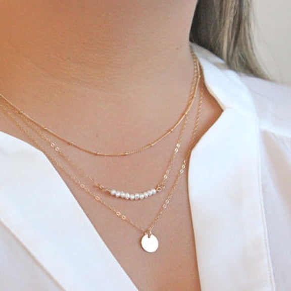 SmartBy 3 Tier Faux Pearls Sequins Pendant Necklace Stackable Short Type Golden Choker Chain Adjustable Length Multilayered Necklace Jewelry Gift