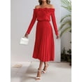 thumbnail image 3 of Women's Off Shoulder Ruffle Pleated Midi Dress with Stretch Bodice and Flowy Skirt Polyester % Fabric for Elegant Wear, 3 of 10