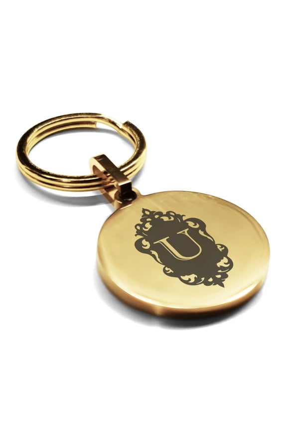 Stainless Steel Alphabet Letter U initial Round Medallion Keychain Circle Ring