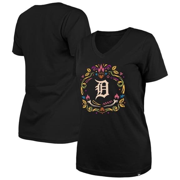 Women's New Era Black Detroit Tigers D-a de los Muertos V-Neck T-Shirt