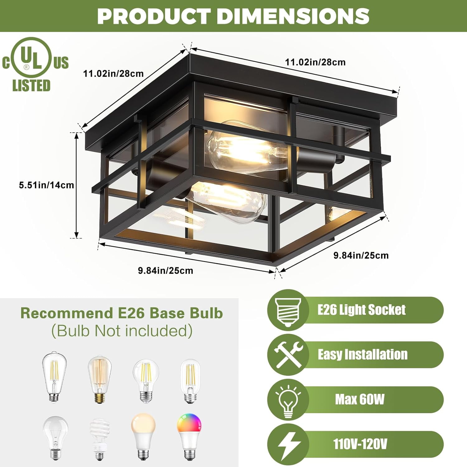 Flush Mount Ceiling Lights, 2-Light Hallway Ceiling Lighting Fixtures, Farmhouse Metal Cage Ceiling Lights for Entryway Kitchen