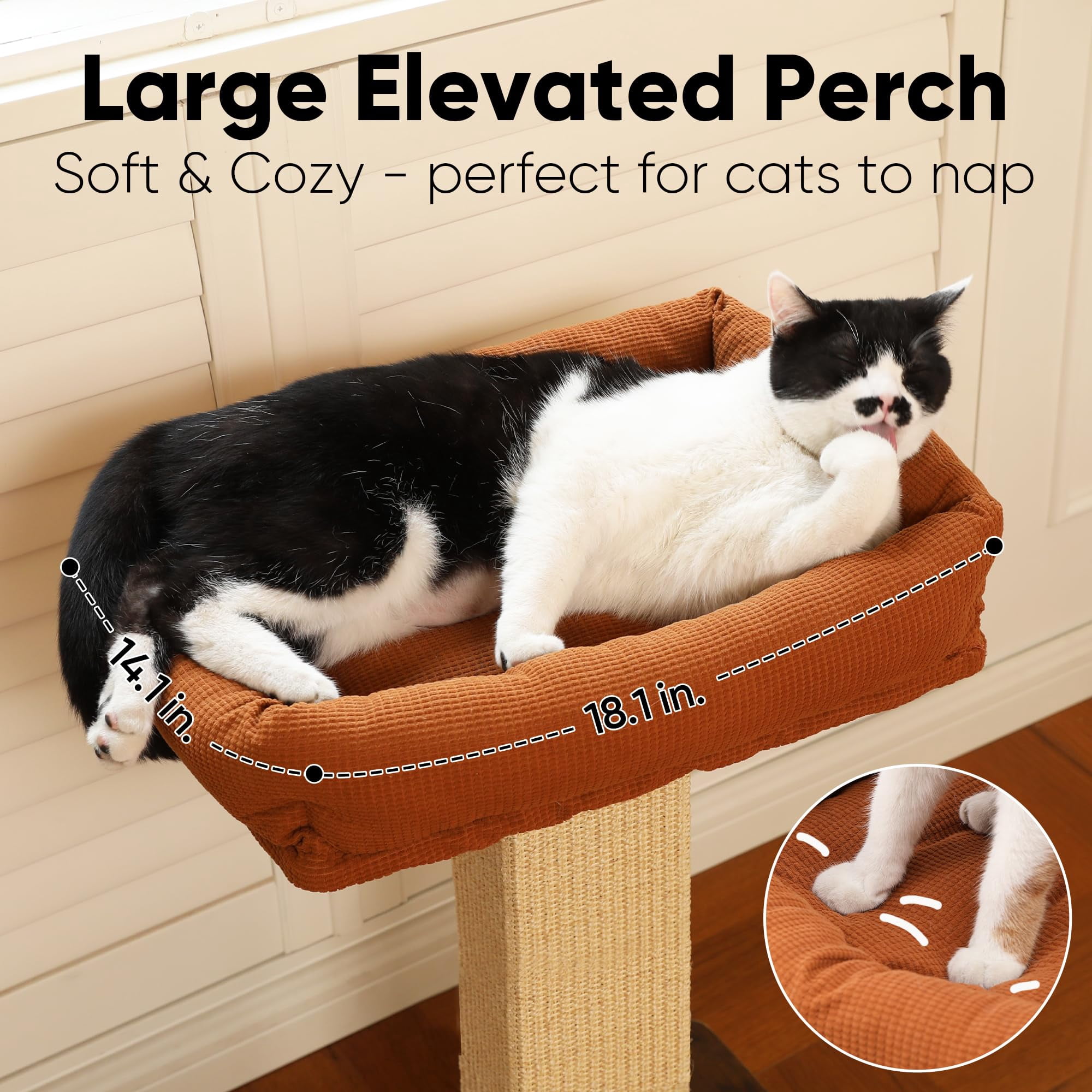 Brown Tall Cat Scratch Post Perch Tower, Sisal & Solid Wood, for Adult Cats