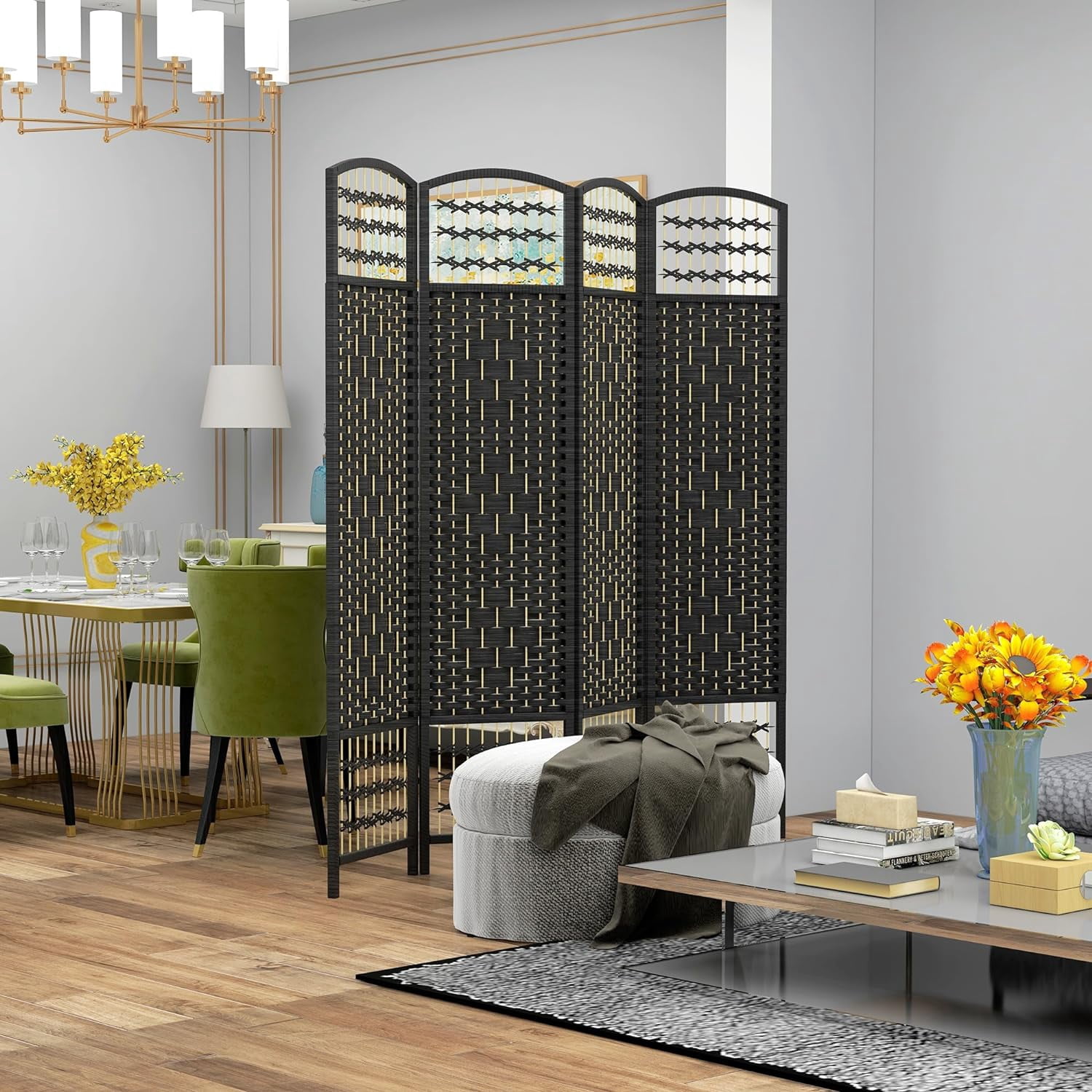 MONGJI 4 Panel Room Divider, Folding Privacy Screen, 5.6' Room Separator, Wave Fiber Freestanding Partition Wall Divider, Black