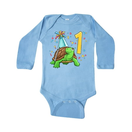 

Inktastic 1st Birthday Cute Turtle in Party Hat with Confetti Gift Baby Boy or Baby Girl Long Sleeve Bodysuit