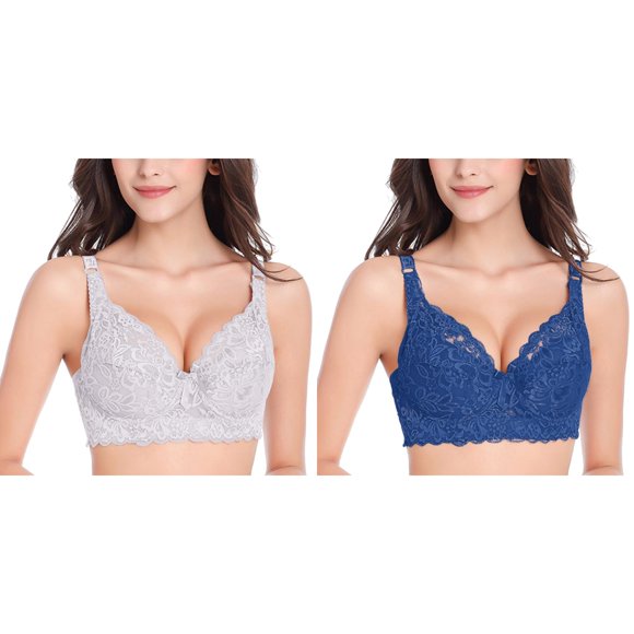 (2-Pack) Rinsvye Womens Lace Gathered Women Bras Plus Size Sports Bra Straps Breast Cup Small Bra (No Underwire)